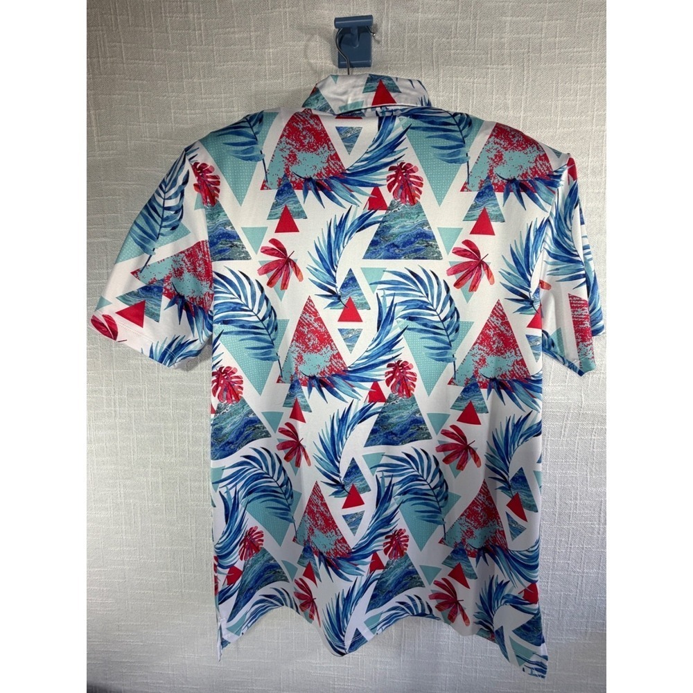 Yatta Golf Polo Shirt Red White Blue Tropical Floral Performance Short Sleeve M